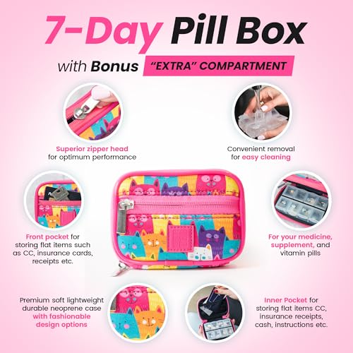 Image of Made Easy Kit Pill Case - Weekly Medicine Organizer with Removable Seven-Day Vitamin & Supplement Box - Premium Neoprene for Travel Purse Accessory (Colorful Cat)