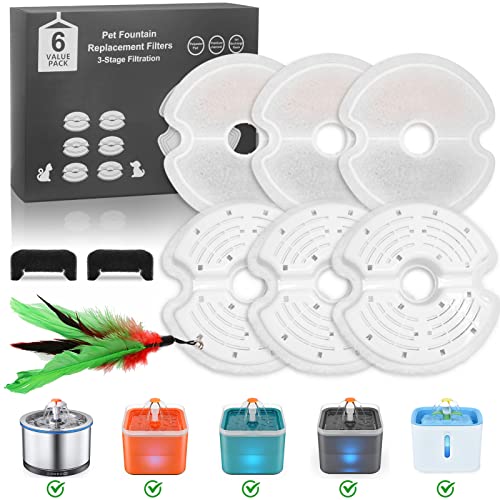 Filtres de Fontaine de Chat pour en Acier Inoxydable de 2,5 L et Une Fontaine d'eau de Chat 2L, Filtre de Fontaine à Eau de Chat, Remplacement avec 2 filtres en Mousse éponge 1 Chat Jouet -6 piézas Cover