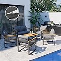 Pamapic 6 Pieces Outdoor Patio Furniture Set with Wicker Handrails, Plastic-Wood Balcony Furniture with Wicker Arm Panel, All-Weather Metal Patio Conversation Sets with Cushion and Coffee Table