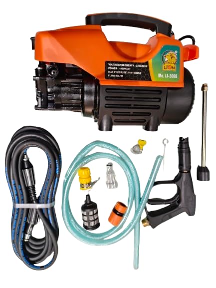Image of Lion Li-2000 High Pressure Car Washer, 1800W Induction Motor, 160 Bar, 10 L /min Flow, Portable with 8M Hose, Pressure Gun, Foam Bottle for Home and Bike Cleaning