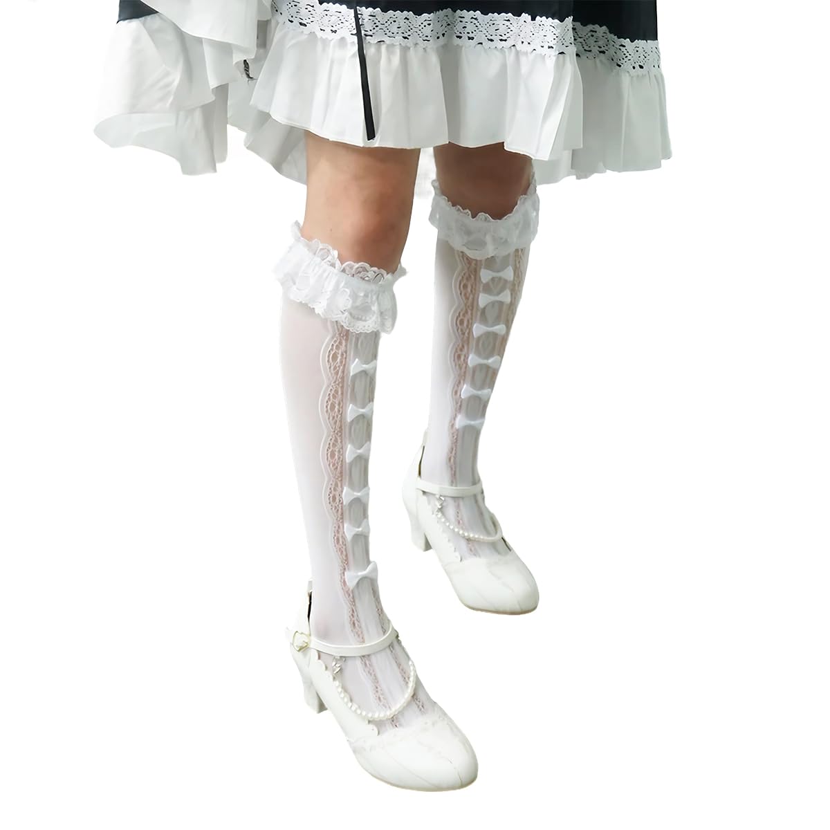 PALAY Knee High Socks for Girls, Lace Bow Calf-Length Socks, Fashion Lolita Stockings for Jane Shoes, Lolita Dress, Uniform (White)