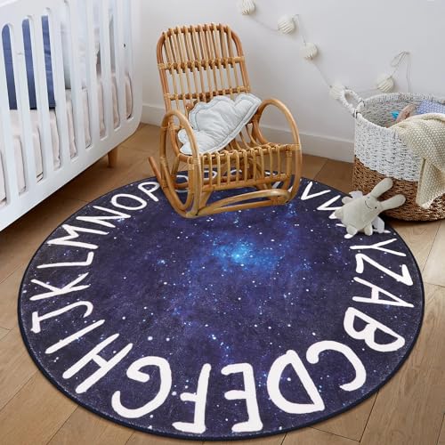 Image of LIVEBOX Space Round ABC Rug for Kids Playroom, Alphabet Nursery Rug Crawling Play Mat for Children Bedroom, Galaxy Washable Rug Learning Carpet for Baby Toddlers Room (47",Star Blue)