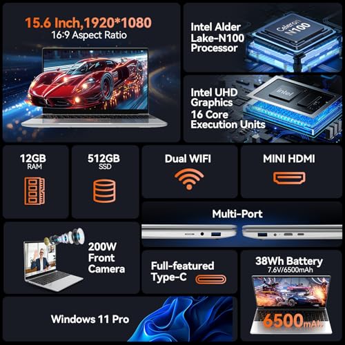 Image of 15.6 inch Laptop, 12th Quad Core N100(Up to 3.4GHz),12GB LPDDR4 RAM 512GB SSD, 2K FHD IPS Laptops, 2.4G /5G WiFi, Webcam,Full-Featured Type-C,Extra Large Touchpad,Large Capacity Battery