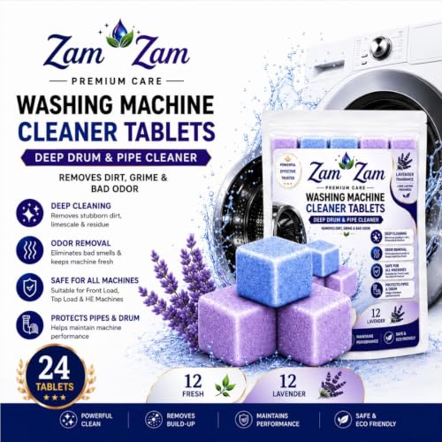 Image of Washing Machine Cleaner 24 Tablet | 12 Fresh Flavour + 12 Lavender Flavour | - Descaler for Washing Machine Front Load & Top Load | Remove Limescale & Soap Scum, Tough Grime