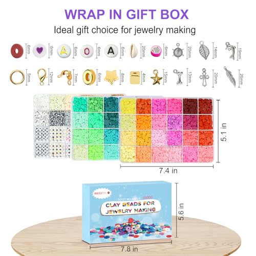 Image of Redtwo 10000 Pcs Clay Beads Bracelet Making Kit, 3 Boxes 60 Colors Flat Preppy Beads for Friendship Bracelet Kit, Polymer Heishi Beads with Charms for Jewelry Making, Crafts Gifts for Teen Girls
