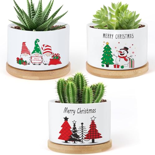KONROOWEI Ceramic Plant Pots,Funny Gifts for Women,for House Plants Garden Planters Succulent Pots, with Drainage Holes (White-Christmas)