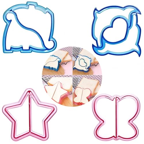 Z-YUEZ Kids Sandwich Cutters Set 4 Fun Shapes with Dolphin Pentagram Dinosaur Butterfly Design Pink and Blue Bread Crust Cutters for School Lunches Bento Boxes Party Platters
