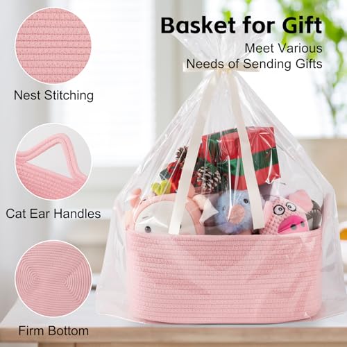 Image of OIAHOMY 19L Woven Basket, Gift Basket Empty with Gift Bags and Ribbons, Rope Baskets for Baby Showers, Storage Baskets with Handles for Nursery, Pet Toy Organizer - Pink