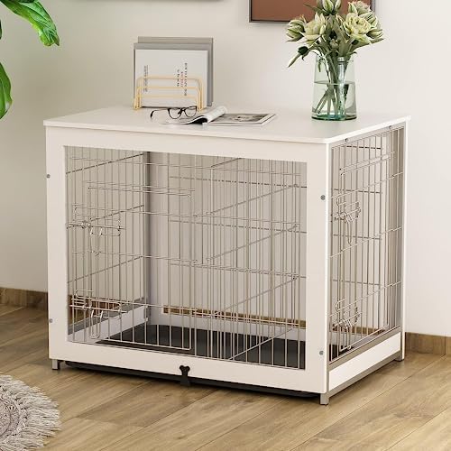 Piskyet Wooden Dog Crate Furniture with Divider Panel, Dog Crate End Table with Fixable Slide Tray, Double Doors Dog Kennel Indoor for Medium Dogs-White, 32 * 22 * 26.5''