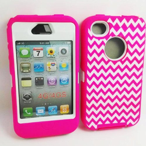 Multi Color DELUXE Chevron Wave Zebra Hybrid Rubber Silicone Cover Case For iPhone 4 4S 4G, Chevron Wave Zebra Print Hard Soft High Impact Hybrid Armor Case Combo for iPhone 4 4S 4G, Hybrid 3 PIECE ZEBRA Wave HARD PROTECT CASE COVER SKIN FOR iPhone iPhone 4 4S 4G (Chevron Pink+White)