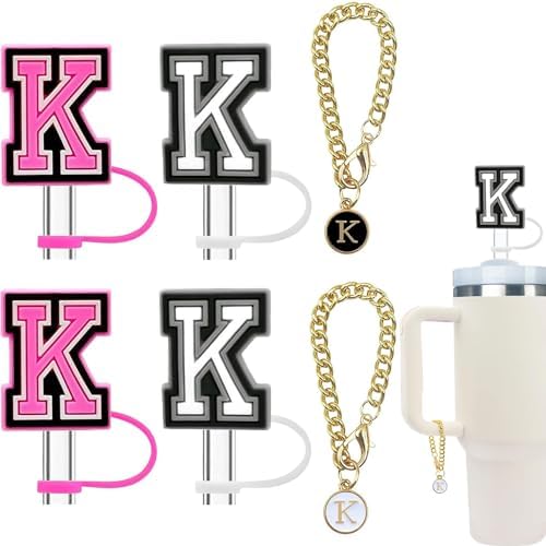 Haundry 4-Pack Straw Cover for Stanley Tumbler, Reusable 10mm Straw Cap Topper with 2 Pcs Initial Letter Charm Accessories for Stanley Cup with Handle, Pink White K