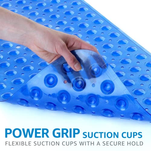 Slipx Solutions Power Grip Extra Long Bath Tub & Shower Mat 39X16, Wet Floor Non-Slip For Elderly & Kids Bathroom, 30% Longer Bathtub Mats, 200 Suction Cups, Drain Holes, Machine Wash, Blue #TOP1