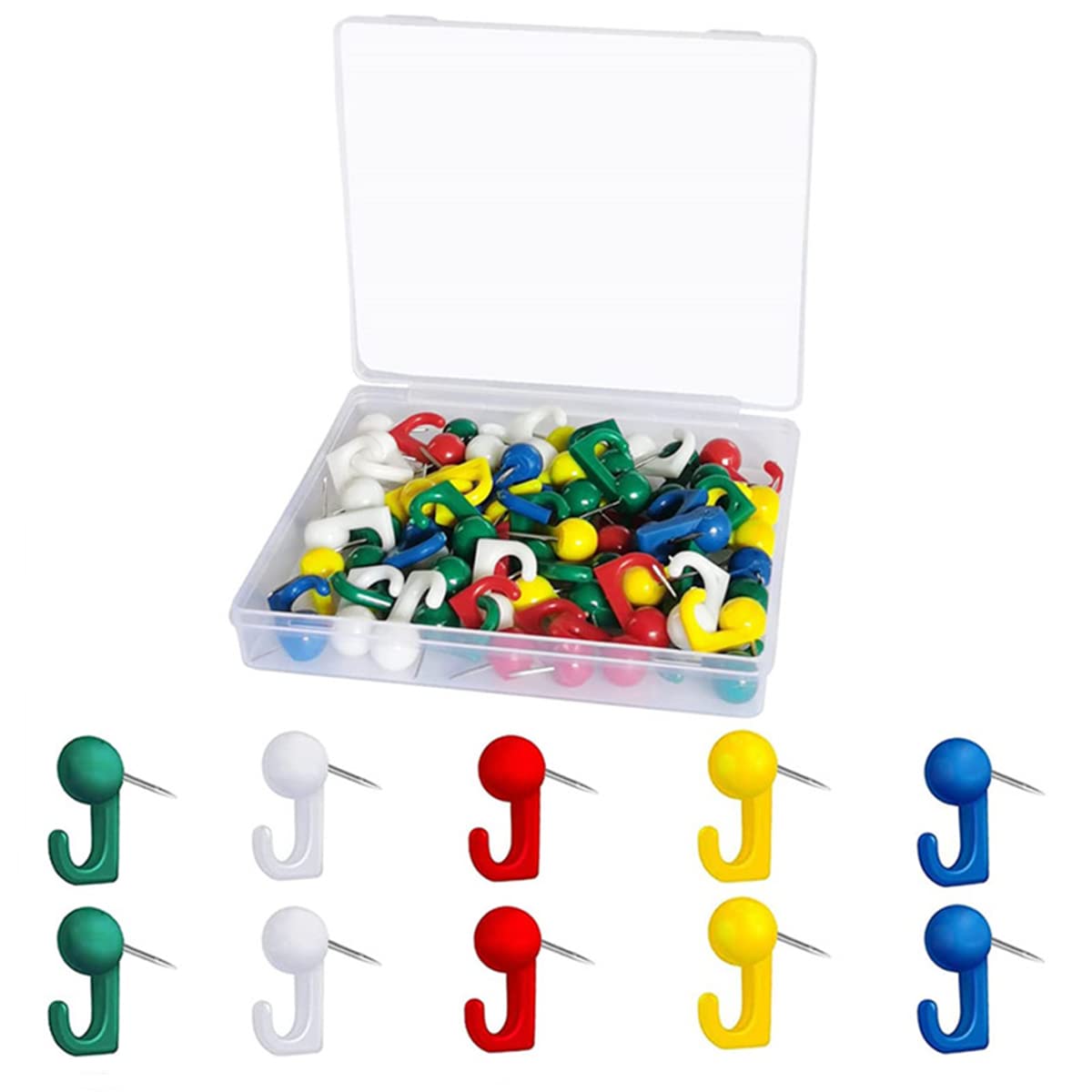 Push Pin Hooks for Cork Board, 50 Pcs Plastic Thumb Tack Hooks Steel Points Decorative DIY Hook Pins for Foam Boards,Maps Home Office School Supplies (Colorful)