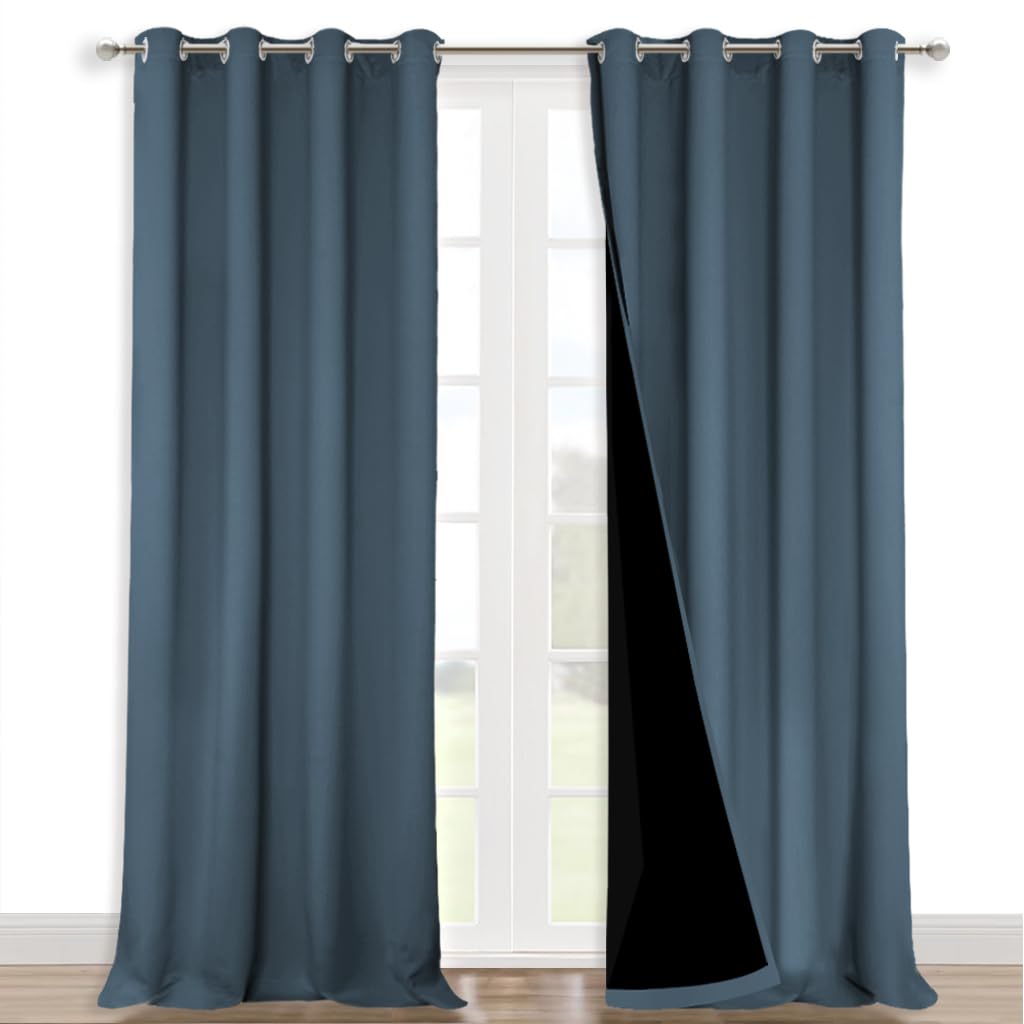 NICETOWN 100% Blackout Curtains for Windows, Pack of 2, Smoky Blue, 52" W x 120" L, Super Heavy-Duty Black Lined Total Darkness Drapes for Bedroom, Privacy Assured Window Treatment for Patio