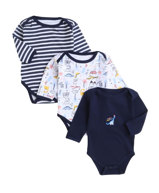 Image of BUMZEE Navy & White Baby Boys Full Sleeves Cotton Bodysuit /Onesies Pack Of 3 (Peb9951)