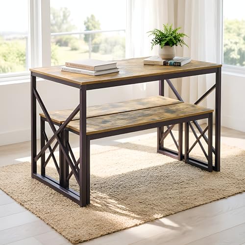 Image of VECELO 43.3 inch Kitchen Dining Table Set for 4, Heavy-Duty Steel Frame & Wood-Grain Tabletop, Space-Saving Dinette Sets with 2 Benches for Breakfast Nook and Small Space, Brown