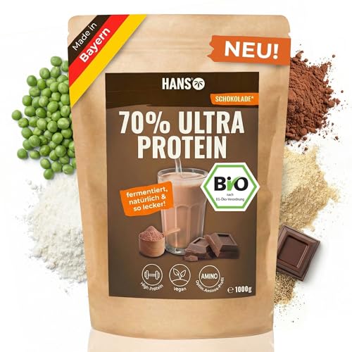 HANS Brainfood Veganes Proteinpulver Schoko - Bio Zertifiziert aus Bayern – 70% fermentiertes Erbsenprotein ohne Süßungsmittel, cremig & gut löslich – Protein Pulver vegan, 1kg