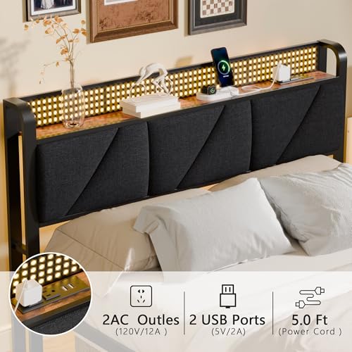Image of Furnulem Full Size Bed Frame with Headboard and Storage Shelf, LED Light and Charging Station, Metal Platform Bed with Heavy Duty Slats, No Box Spring Needed, Noise Free & Easy Assembly