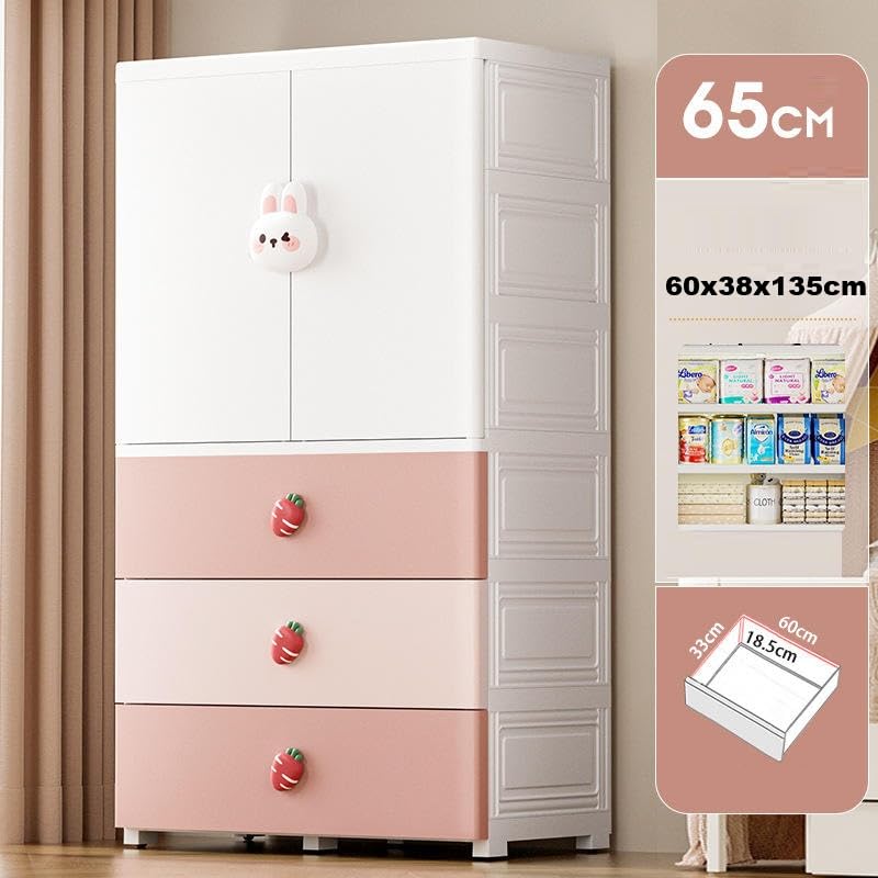Image of KRISHYAM Kids Storage Cabinet with Drawers & Cupboard | Multi-Purpose Plastic Wardrobe Organizer for Nursery & Kids Room | Toy, Clothes & Accessories Storage (White & Pink) (Pink)