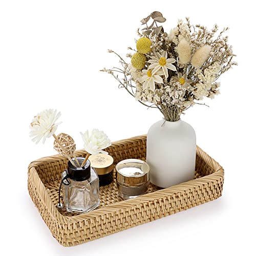 IGNPION Rattan Serving Tray Decorative Display Tray Table Storage Tray Toilet Tank Paper Tray Desktop Organiser Tray for Kitchen, Makeup, Vanity, Napkin, Candle, Ornament(25cm, Natural)