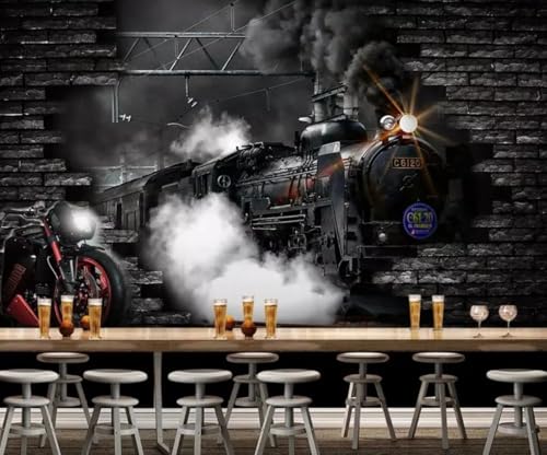 Papier peint 3D vintage train à vapeur tissu mural décoration salon - 2