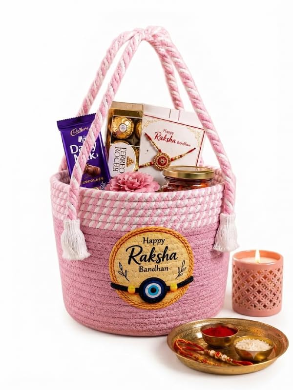 Image of BROOM Raksha Bandhan Gift Hamper Basket | Handmade Cotton Rope Storage Basket with Handle | Decorative Organizer for Chocolates, Dry Fruits, Return Gifts, Home Decor & Festive Celebration (Light Pink)