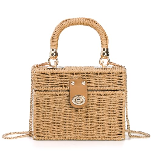 Square Straw Handbag, Vintage Women's Wicker Basket Bag, Handmade Rattan Crossbody Bag, Boho Tote Bag with Detachable Shoulder Strap for Summer Beach Casual Vacation Chic3