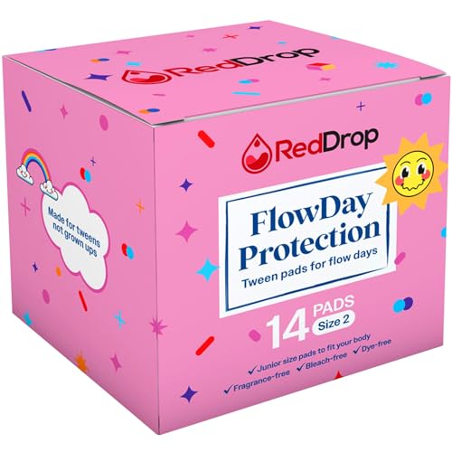 RedDrop FlowDay Tween Period Pads (14 Pack) - Super Absorbent, Ultra-Thin Tween with Odor Control, Secure Fit Pre-Teen Pads for Girls Ages 10-12, Specially Designed for First Period Experiences