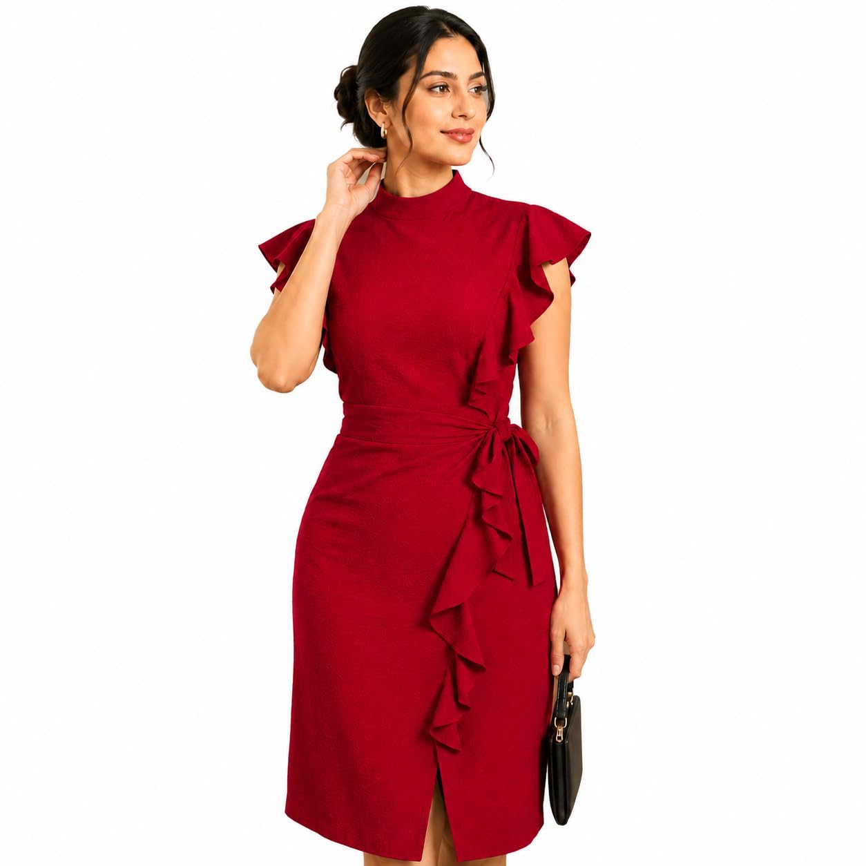 Women's High Neck Ruffle Sleeve Wrap Midi Dress for Women | Elegant Knee Length Bodycon Dress | Office Wear, Casual Wear | Stylish Solid Dress with Waist Tie | Fashionable Western Dress-picture-29