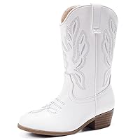 LAURMOSA Girls Cowgirl Boots White Cowboy Boots for Girls Size 1 Mid Calf Pointed Toe Embroidered Western Cow Girl Boots for Big Kids Party Shoes Cowgirl Fancy Dress Horse Riding (UKL1020White 1)