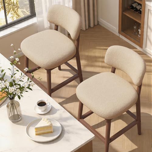 Image of Counter Height Bar Stools Set of 2, Mid-Century Modern Boucle Bar Chairs with Solid Wood Frame, Fluffy Upholstered Stools with Backrest for Kitchen Island, Home Bar, Oatmeal