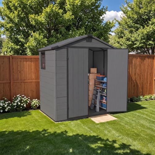 Image of Patiowell 6X4 FT Plastic Outdoor Storage Shed with Floor, Resin Garden Shed | Lockable Door, Built-In Window, Weather-Resistant Design, Easy Assembly, Ideal for Garden Tools, Bikes and Patio Equipment