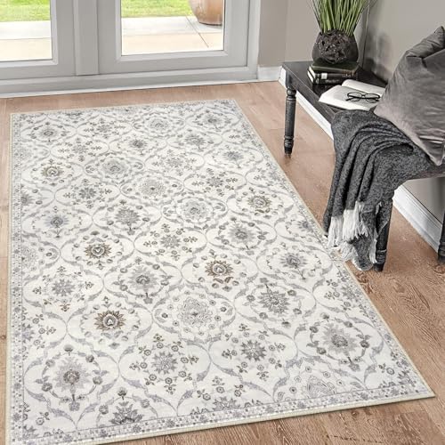 KILOCOCO 3x5 Moroccan Super Soft Area Rug Washable Living Room, Vintage Floral Rug Indoor Non-Slip, Print Faux Wool Accent Indoor Entryway Rug for Laundry Playroom Office, Cream Beige Grey