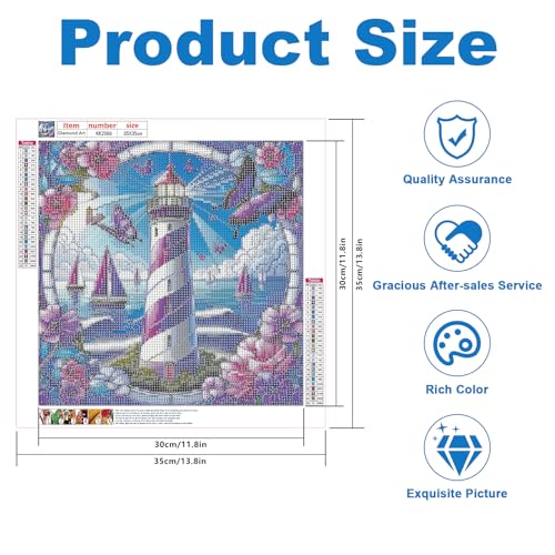Image of AiYuanzsh Lighthouse Diamond Painting Kits for Adults, Sailing Sea Landscape 5D Diamond Art Kits for Adults, DIY Full Drill Round Diamond Dot Gem Art Wall Decor 13.8x13.8 Inch
