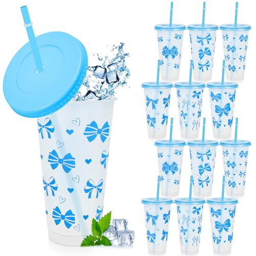 Cinrobiye 24 Set Blue Bow Tumbler Cups with Lids and Straws Blue Bow–Knot Plastic Cups 24 oz Reusable Drink Cup Bulk for Women Gift Birthday Bachelorette Wedding Bridal Baby Shower Party Decor