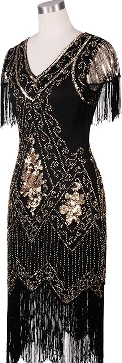 Image of 866A - 1920s Vintage Fringed Gatsby Sequin Beaded Tassels Hem Flapper Party Prom Cocktail Dress with Accessories