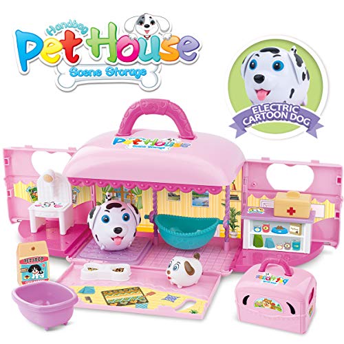 REMOKING STEM Pretend Pet Toy Play Kit, Funny Portable Handbag Pet House Scene Storage with 2 Pretend Play Dogs, Educational Learning Roleplay Pet Playset, Great Gifts for Kids 3 Years and up