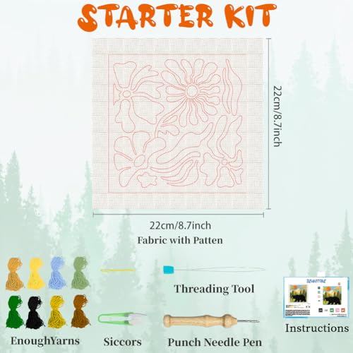 Image of BEUNITONE Bear and Nature Style Punch Needle Kit for Beginners 9.4 inchx9.4 inch | Starter Embroidery Kits with Frame, Needle Felting Kit Poke Art for Adults DIY Handmade Craft for Coasters, Home Decor