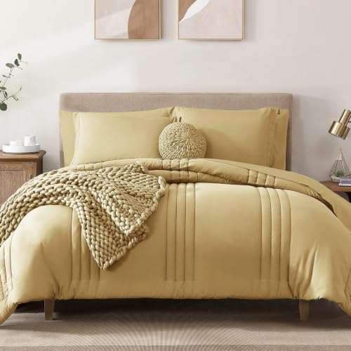 Image of Queen Comforter Set-7 Pieces Butter Yellow Bed in a Bag Queen Bedding Sets