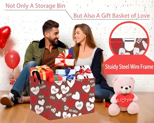 Image of Large Valentine's Day Basket Heart Shaped Storage Bin for Gifts Collapsible Organizer Room Decor (Brown Bottom White Red Love)