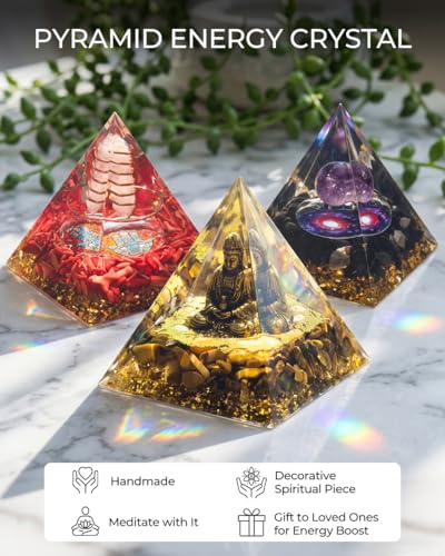 Image of Orgone Pyramid with Healing Crystals - (Buddha, Golden) - Energy Generator for Positive Vibe, Stress Relief & Chakra Reiki Meditation - Pyramid Decor - Spiritual Gift for Success, Wealth & Prosperity