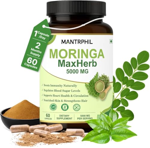 Moringa Capsules 5000 mg – Approvisionnement de 2 mois | 60 gélules à haute résistance | Végétalien, sans OGM et testé en laboratoire