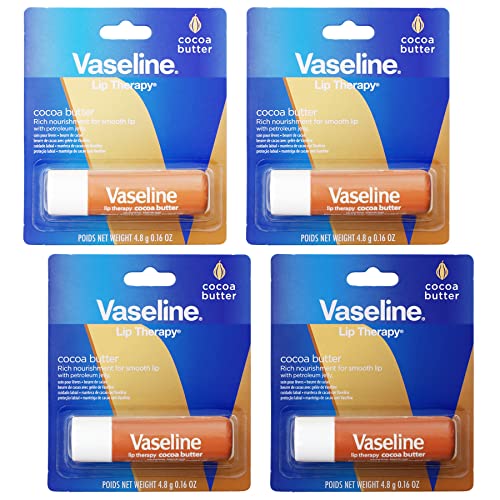 Vaseline Lip Therapy Care Cocoa Butter, Fast-Acting Nourishment, Ideal for Chapped, Dry, Cracked, or Damaged Lips, Lip Balm, 4-Pack, 0.16 Oz Each