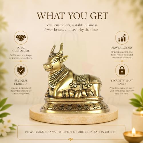 Image of Vastu Brass Nandi Cow Statue | 700g Weight Approx | Vastu Remedy for Home & Office | Nandi Bull Statue | Size- 9 X 11 Cm | Nandi Idol for Pooja | Pital Ka Nandi Ji