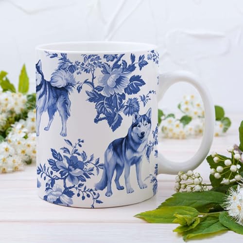 RVEAFA Husky Blue French Toile Mug, Huskies Lover Gifts for Women, Blue Chinoiserie Toile Coffee Cup for Husky Mom, Dog Lovers Tea Coffee Mug Birthday Gifts for Dog Owners, 11oz