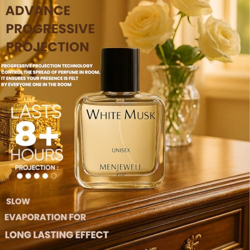 Image of Menjewell - White Musk,Unisex Long Lasting Eau De Parfum For Men and Women With Rose,Amber,Musk,Peach, Ideal for Everyday Use,Luxurious EDP Floral Fragrance,50ml