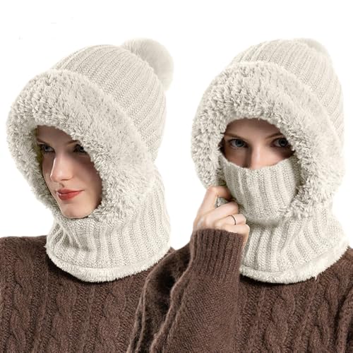 3-In-1 Sturmhauben Mütze Mit Schal Und Maske, Strickmütze für Damen im Herbst und Winter, BalaclavaDamen, Schalmütze Damen, Winddichter Nackenwärmer Für Radfahrer, Für Täglich und im Freien (Beige)