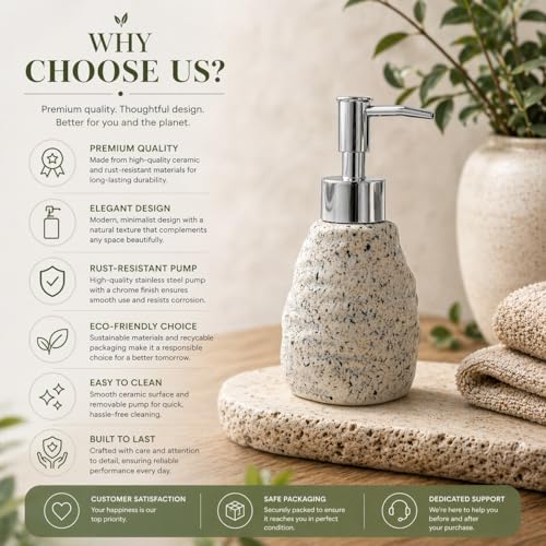 Image of Whizzo Premium Textured Ceramic Soap Dispenser for Bathroom & Kitchen | Refillable Lotion Dispenser with Chrome Pump | Modern Speckled Design | Durable, Stylish & Eco-Friendly (300ML, LD-214, White)