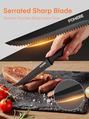 FOHERE Steak Knives Set of 8, Black Serrated Steak Knife, Stainless Steel Kitchen Knife Perfect for Christmas Dinner, New Year Gatherings, Dishwasher Safe - Image 5