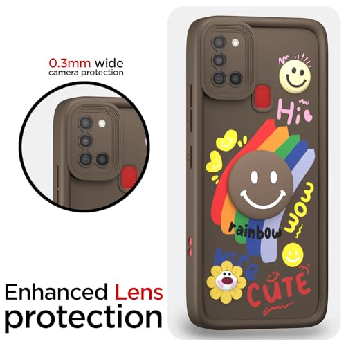 Image of Pikkme Back Cover for Samsung Galaxy A21s | Soft Silicone| Cute Rainbow Smile & 3D Cartoon Flower Design | Shockproof Raised Camera Protection Bumper Case (Brown)